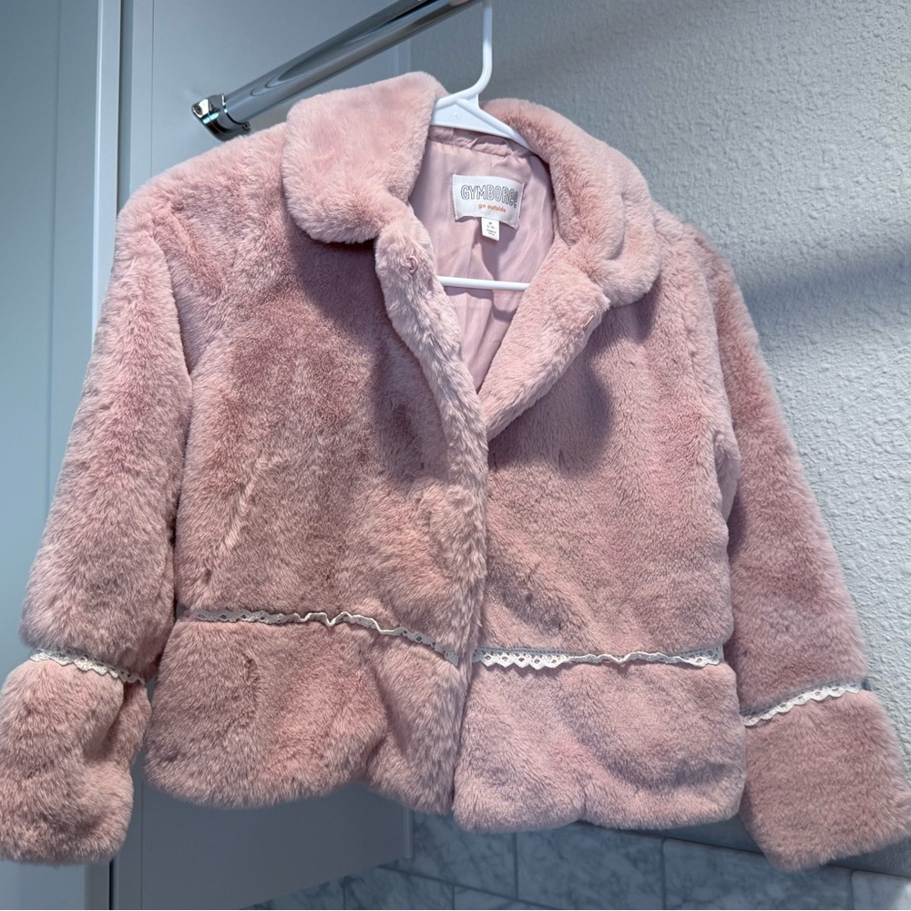 Gymboree Blush Pink Faux Fur Teddy Jacket with Lace Trim size 7/8